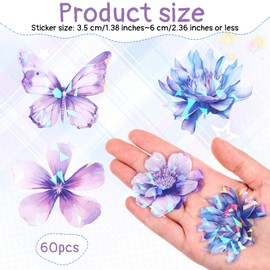 60 Pieces Glitter Shiny Flower Stickers, Waterproof Clear Botanical Floral Journaling Sticker Transparent Flower Stickers for Journaling Scrapbooking Album Decor(Purple)
