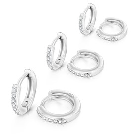DAILI 3 Pairs Gold Hoop Earrings for Women,14K Gold Plated Small Double Hoop Stack for Multiple Piercing,Hypoallergenic Stainless Steel Cubic Zirconia Huggie Hoop Stackable Jewelry (CZ Silver Hoop Earrings 6/8/10mm)