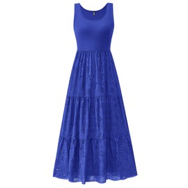 BTFBM Women Summer Eyelet Midi Dresses Casual Spring 2025 Sleeveless A Line Flowy Vacation Beach Wedding Guest Sun Dress(Brilliant Blue, Small)