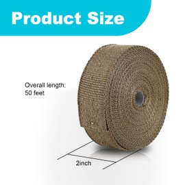 2 inch X 50 feet Titanium Exhaust Heat Wrap Roll with 8 Stainless Ties for Motorcycle Fiberglass Heat Shield Tape