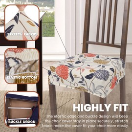 SearchI Stretch Dining Chair Seat Covers Set of 4, Soft Washable Seat Covers for Dining Chairs, Dining Room Seat Cover Protector (Rear-Covered, Orange Flowers)