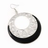 Black Enamel Cut Out Hoop Earrings in Silver Tone/75mm Drop