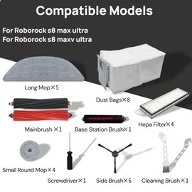 31 Pack Accessories Kit for Roborock s8 max ultra Robot Vacuum, 1 Pairs Mainbrush 6 Side Brush 4 HEPA Filters 8 Dust Bags 5 Long Mop 4 Small Round Mop 1 Base Station Brush 1Cleaning Brush 1Screwdriver