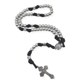 Nazareth Store Silver Beads Paracord Rosary Necklace Catholic Rugged Black Cord Beaded Miraculous Medal & Pardon Crucifix, 22 Inches, Zinc, Silver, No Gemstone