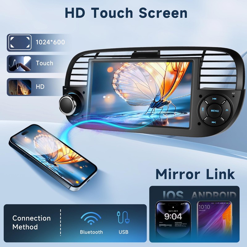 4 Core+64G Android 13 Car Stereo for Fiat 500 2007-2015,