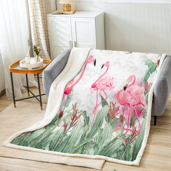 Flamingo Sherpa Blanket Tropical Flamingo Pattern Fleece Throw Blanket for
