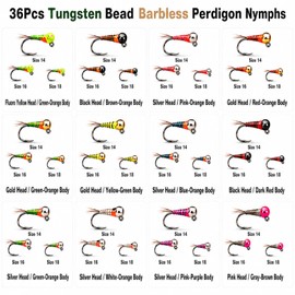 BRAIRIA Tungsten Bead Perdigon Nymphs, 36PCS Fast Sinking Euro Czech Nymph Flies Assortment, 12 Colors #14/#16/#18 Barbless Jig Head Flies for Smallmouth Bass, Trout & Grayling