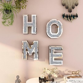 SHYFOY Home Letter Sign Mirrored Wall Decor 6.7L x 7.8W, Crushed Diamond Home Decor for Living Room, Crystal Diamond Decorative Wall Mirrors Set for Wedding Centerpiece, Independent (4 PCS)