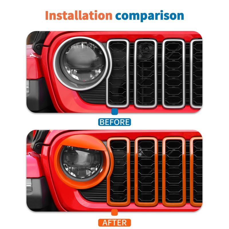 JeCar 9pcs Orange Grill Inserts Headlight Covers Trim Kit for
