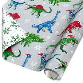 American Greetings Kids Christmas Wrapping Paper Roll with Dinosaurs, Gray, White, Green Holiday Gift Wrap (60 sq. ft., 1 Reversible Roll) T-Rex, Triceratops, Velociraptor, Brontosaurus, Stegosaurus