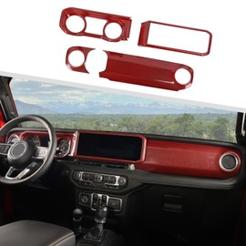 Jimen Fit for Jeep Wrangler JL JLU & Gladiator JT 2024-2025, 4PCS Center Console Dash Trim & Dashboard Cover Navigation Panel Interior Overlay (Red Carbon Fiber)