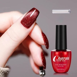 VERONNI Glitter Red Cat Eye Gel Nail Gel Polish,Diamond Magnetic Gel Sparkling Reflective Glitter Magnetic Gel Polish,Shiny Cat Eye Gel Nail Polish Soak Off UV LED Gel Nail Red Color 10ml (11 Red)