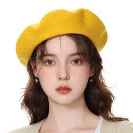 TopTie Wool Beret for Women 60% Wool French Style Artist Hat Solid Color Basque Beanie Cap-Yellow