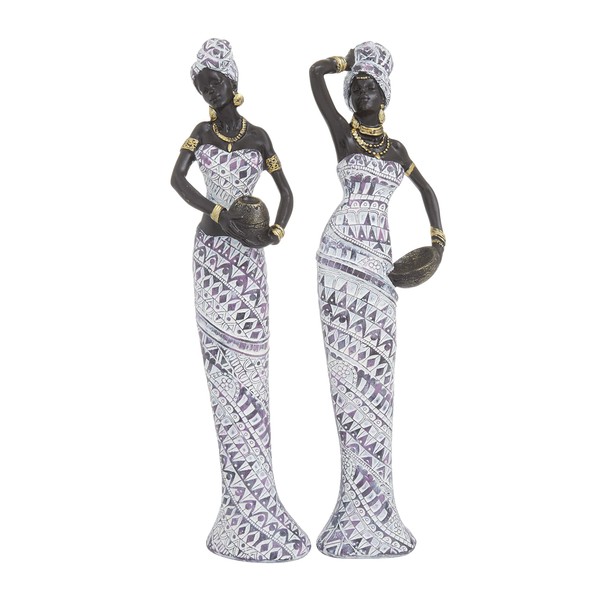 Deco 79 Polystone Woman Standing African Sculpture with Intricate Details, Set of 2 3"W, 13"H, Multi Colored