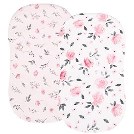 PHF Soft Bassinet Sheet Set, 2 Pack Silky Comfy Breathable Cradle Sheets for Baby Girls, Univeral Fit for Most Oval Rectangle Cradle and Bassinet Mattress/Pad, Pink Floral