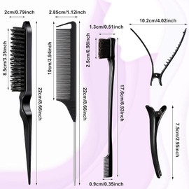 12 Piece Hair Brush Set, Nylon Teasing Hair Brushes, 3 Row Salon Teasing Brush, Double Sided Hair Edge Brush, Smooth Comb Grooming, Rat Tail Combs with Duckbill Clips for Women Girls (Purple, Pink)