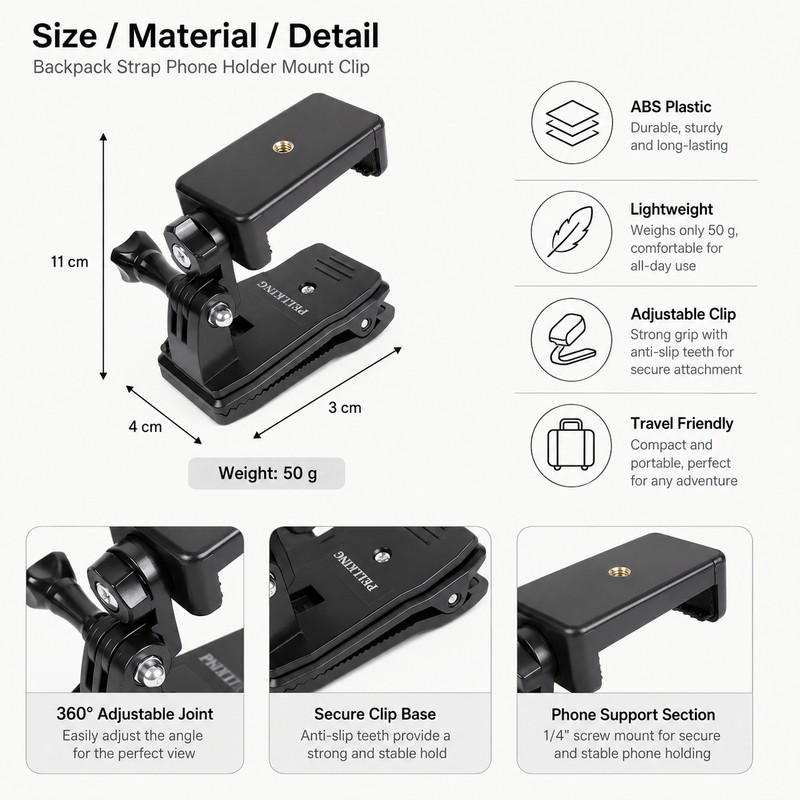 Backpack Strap Phone Holder for Hands-Free Recording – Adjustable Clip