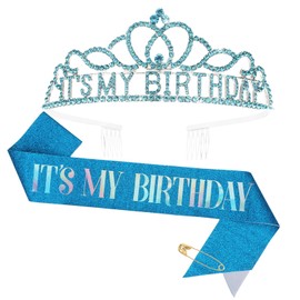 GAFATORY Birthday Sash Blue It's My Birthday Sash and Crown Birthday Girl Sash Birthday Crown Gift Party Decorations for Women Girls