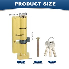 PATIKIL Solid Brass Lock Cylinder, 90mm(55/10/25) 1-1/4" Door Lock Cylinder Storm Door Lock Cylinder with 3 Keys for Anti-Theft Wooden Aluminum Door