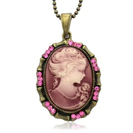 Soulbreezecollection Pink Cameo Pendant Necklace Fuchsia Hot Pink Rhinestones