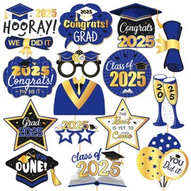 2025 Graduation Photo Booth Props, 2025 Grad Party Decorations Supplies Pose Signs Class of 2025 for College High School, Congratulations Graduate Grad with Large Card, Blue & Gold, 15 PCS