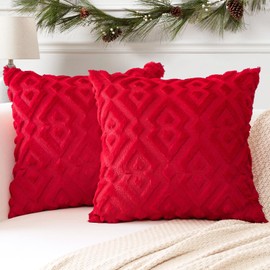 Artscope Set of 2 Cushion Covers, Soft, Plush, Short Wool Velvet, Decorative, European, for Sofa, Bedroom, Geometric Design, Christmas Red, 40 x 40 cm
