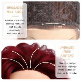 AliRobam Short Burgundy Wavy Bob Wig Free Part 9x1 Lace Front Wig 14IN