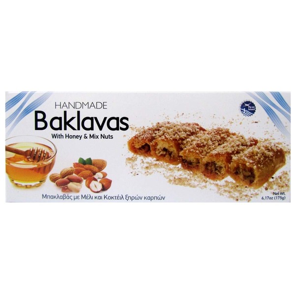 Handmade Baklavas - All Natural - Choose Your Favorite Filling - Imported from Greece - Candianuts - 6.17 oz box with 5 pieces (With Honey & Mix Nuts)