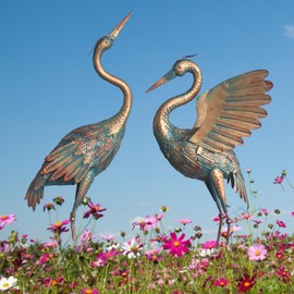 Oritty 33-37 Inch Metal Crane Garden Statue Décor, Bird Heron Garden Sculpture & Statues, Outdoor Decoration for Yard Pond Lawn Backyard Pool, Vintage Spread Wings Crane, Set of 2 Copper…