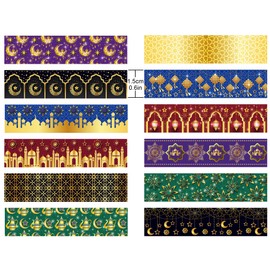 MOZUI Ramadan Washi Tape 12 Rolls Eid Mubarak Washi Tape Masking Decorative Eid Al Adha Washi Tape for DIY Craft Gift Wrapping Handbook Sticker Scrapbook Journaling Party Favor