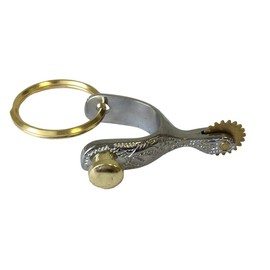 Novelty Keychain Engraved Spur Nickel Plated with Brass Plated Button & Rowel