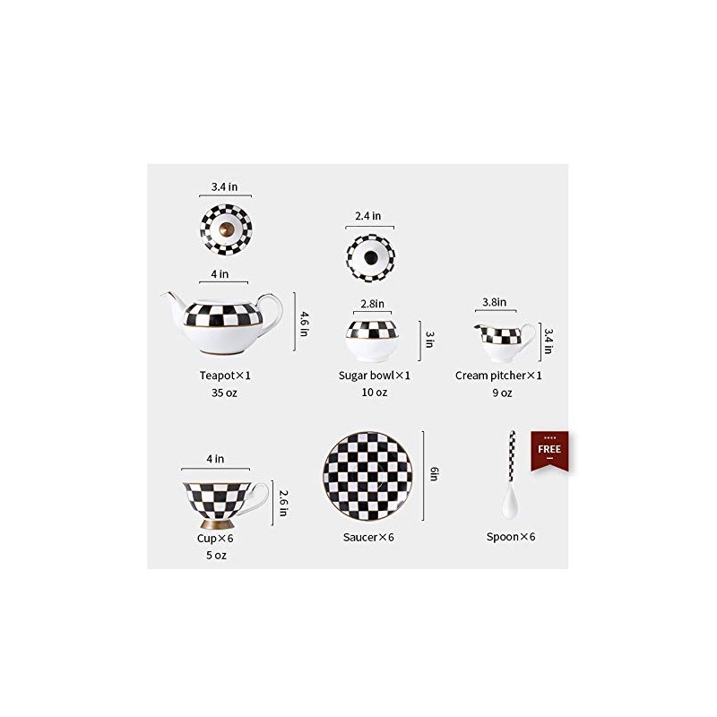 Porlien Checker Pattern 17-Piece Tea Set for 6 with Teapot,