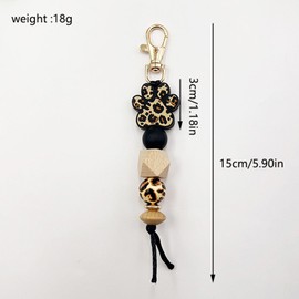 Phamines Leopard Wood Bead Paw Silicone Bracelet Keychain Wristlet for Women Cute Bangle Car Key Ring Accessories Backpack Bag Charm (Brown Keychain)