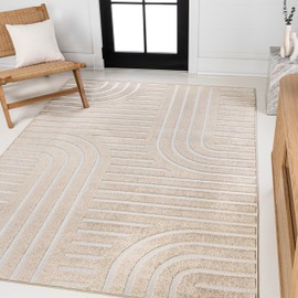 JONATHAN Y SCN107C-8 Anders High-Low MidCentury Modern Arch Stripe Two-Tone Beige/Cream 8 ft. x 10 ft. Indoor/Outdoor Area Rug for Patio, Backyard, Living Room, Bedroom, Office, Hose-Washable