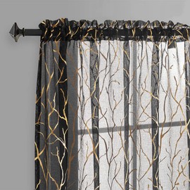 FINECITY Black Gold Sheer Curtains for Bedroom - Metallic Gold Foil Tree Branch Black Sheer Curtains 63 Inch Length Black and Gold Window Curtain Panel Set of 2, 52 x 63 Inch, Black Gold