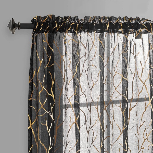 FINECITY Black Gold Sheer Curtains for Bedroom - Metallic Gold