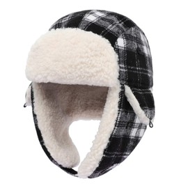 Kids Winter Trapper Hat Toddler Outdoor Warm Windproof Ushanka Aviator Hat Sherpa Fleece Lined Ski Cap for Boys Girls 1T-8T(Black & White Plaid,1-4 Years)