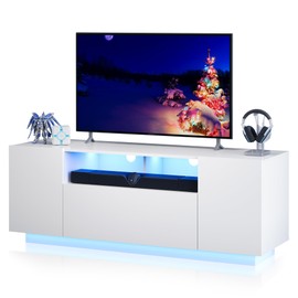 WLIVE TV Stand with LED Lights & Large Storage Cabinet, Modern Entertainment Center for 32/43/50/55 Inchs TVs, Sturdy Media Console for Living Room, Bedroom,Gaming(White)