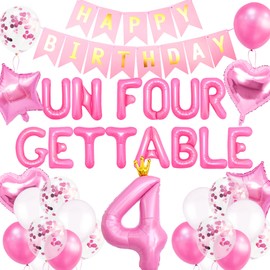 41 PCS Un Four Gettable Birthday Decoration Girls Un Four Gettable Party Balloons Four Years Old Birthday Decoration Girls 4th Party Supplies