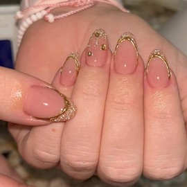 Short Press on Nails Almond Nail Tips French Tip Fake Nails Metal Line False Nails Nude Glossy Acrylic Nails Press on Gold Gem Stick on Nails Pink False Nails for Women Manicure Decorations 24Pcs