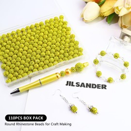 Dowarm 110PCS 10MM Rhinestone Beads for Jewelry Making, Round Rhinestone Clay Beads for Baseball Bracelet Earring Beaded Pen, Craft Polymer Fancy Shamballa Disco Ball Diamond Beads, Yellow/Gold