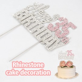 Nelbiirth Decoración para tartas con diamantes de imitación plateados y rosados de 35 años, diseño de «Cheers to 35th Birthday» de metal brillante para decoración de tartas.