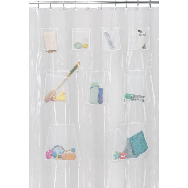 9 Mesh Pockets Shower Curtain or Liner with Waterproof Fabric,