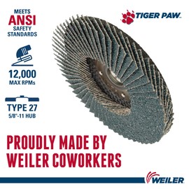 Weiler 51167 Tiger Paw XHD Super High Density Abrasive Flap Disc, Type 27 Flat Style, Phenolic Backing, Zirconia Alumina, 4-1/2" Diameter, 5/8"-11 Arbor, 80 Grit, 12000 RPM (Pack of 10)