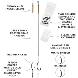 Carp On - 2 x CURVE SHORT READY RIGS Size 8 - Carbon Hooks / 25lb Camo Braid/Kickers Sleeves Tubes Swivels Extenders (Micro Barbed, 2 Rigs - Size 8 Hook) [37-3902-8]