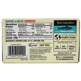 Season Sardines in Water, No Salt Added, 4.375-Ounce Tins (Pack of 12) - 3 Box