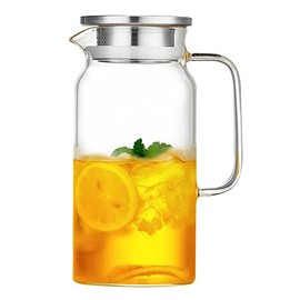 DOPUDO RHYTHM Glass Pitcher (40oz/1250ml) with Stainless Steel Lid and Spout, Borosilicate Glass Bedside Water Bottle, Clear Beverage Iced Tea Jug Hot Cold Water Wine Coffee Milk and Juice Carafe