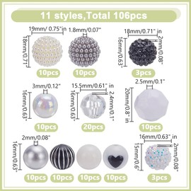 arricraft 106 Pcs Chunky Beads for Pen, 11 Styles Bubblegum Beads Black and White Crafts Beads Rhinestone Acrylic Bulk Spacer Beads for DIY Crafts Necklaces Bracelets Jewelry Making Accessories