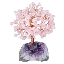 Nupuyai Natural Crystal Money Tree Wrapped on Amethyst Cluster Crystal Base, Tree of Life Healing Chips Bonsai Tree Figurines for Feng Shui Wealth 4.5-6" Tall, Rose Quartz
