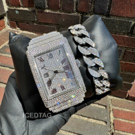 ICEDTAG Mens Full Iced Bling Out Luxury Silver Simulated Diamond Heavy Watch, Barcelet - SET(Both of Them)